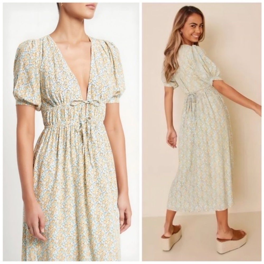 Faithfull the Brand Yellow Green Floral Midi Dress MEDIUM